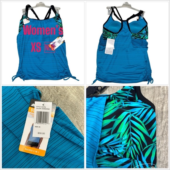 Women’s Zeroxposur XS Tankini Ruched Padded Swim Swimwear Tank Top Teal Green - Picture 1 of 10